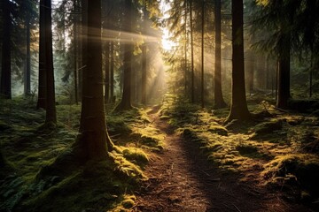 The sun shines through the trees in the forest on a sunny day. Generative AI.