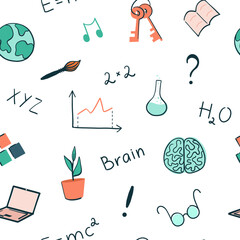 School education concept vector seamless pattern. Back to school. Wallpaper. Sciences, learning and educational elements. Use it for web design, as wrapping paper, package, card, invitation, textile.