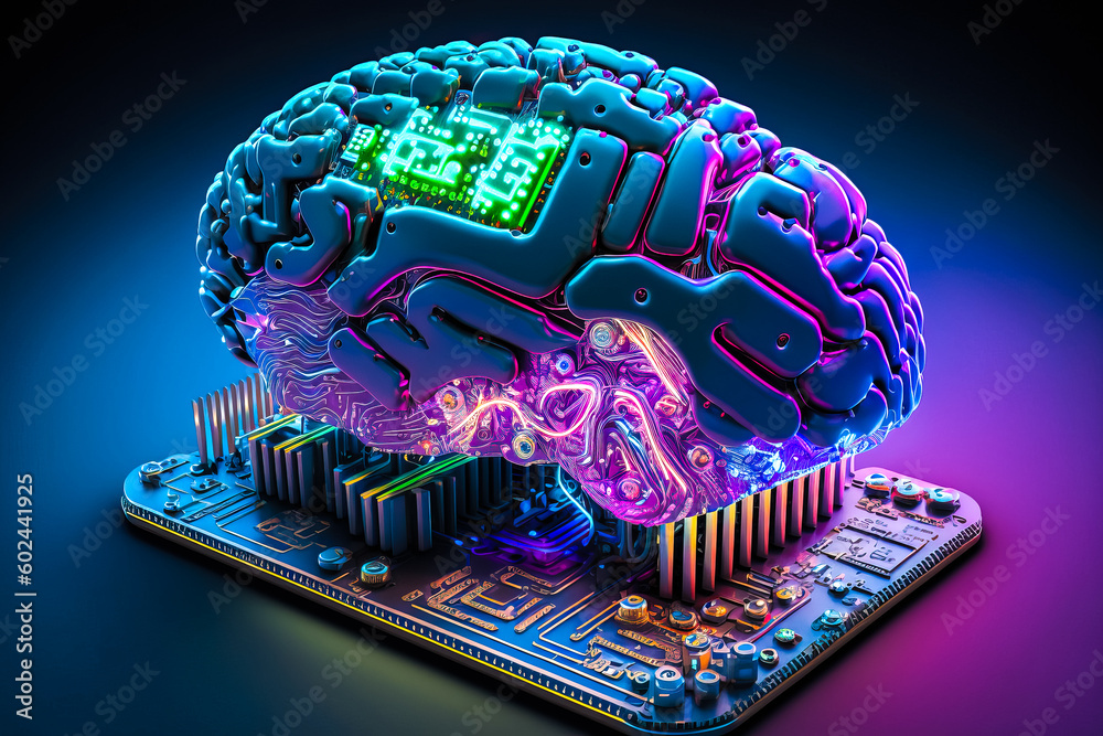 Poster ai chipset with human brain on computer circuit board. artificial intelligence, data mining, and dee