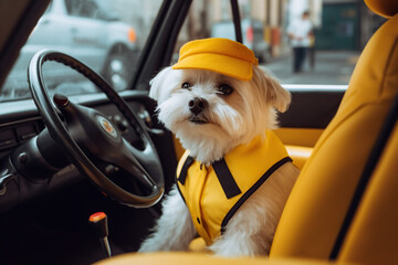 cute white puppy dog smiling wearing yellow taxi driver uniform, Generative AI - obrazy, fototapety, plakaty