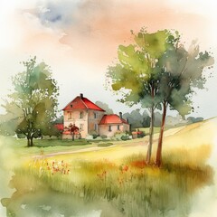 Stunning Summer in a French Countryside Landscape: A Watercolor Illustration of a Meadow, Trees, Grass, and a Village House. Generative AI