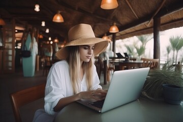 Beautiful woman in white summer dress and straw hat with lap top sitting in outdoor cafe created with Generative AI technology. Girl freelancer works in cozy cafe