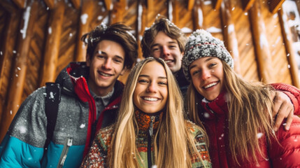 young adult teenage group girls and a boys outdoors in snow in winter in garden together in free time, snowflakes and selfie