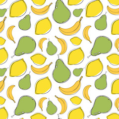 Food, green fruits and yellow citrus fruits. Vector illustration. Seamless background for poster, postcard or textile