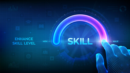 Skill levels growth. Increasing Skills Level. Wireframe hand is pulling up to the maximum position circle progress bar with the word Skill. Concept of professional or educational knowledge. Vector. - obrazy, fototapety, plakaty