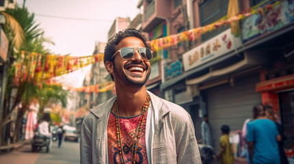 Fototapeta premium young adult man in side street in asia, fictional place, tourist in old town