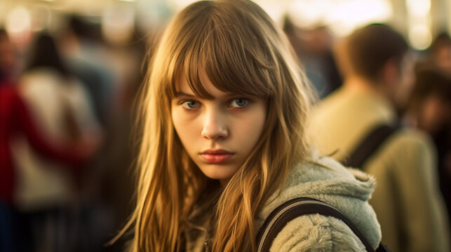 teenage girl with serious expression, everyday life, bad mood