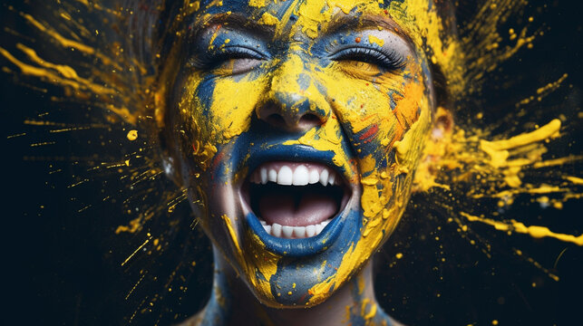 young adult woman with the colors of the ukrainian flag flag as colors and make-up on her face, strong emotions and open mouth as scream or moan or hiss