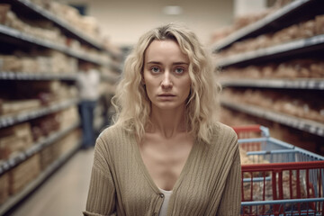 adult mature woman with shopping cart in supermarket at product rule having bad mood or negative mood, listless annoyed disappointed face expression