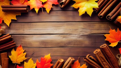 Autumn Bliss: A Cozy Seasonal Arrangement of Leaves, Pumpkins, and Cinnamon on a Rustic Wood Background