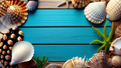 Coastal Charm: A Blue Wooden Background Adorned with Seashells