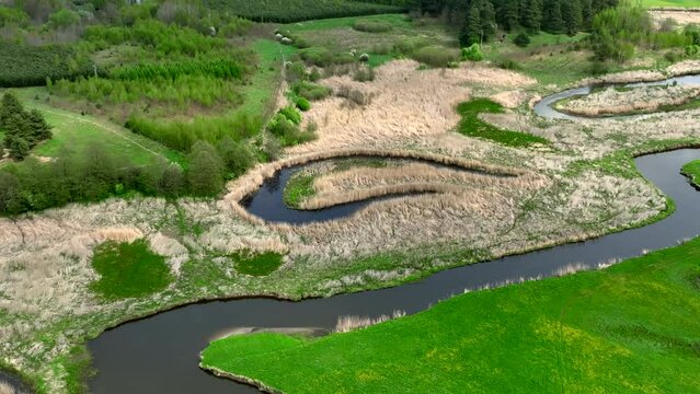 Top view of small river Lyna flowing in Warmia, northern Poland, Europe
