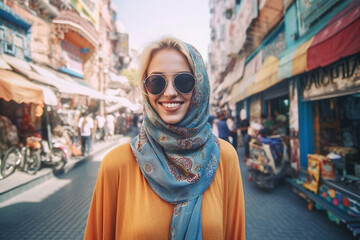young adult woman with a headscarf as sun protection, caucasian, on a street in a large old town, fictional place