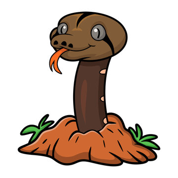 Cute golden child phantom reticulatus python cartoon out from hole