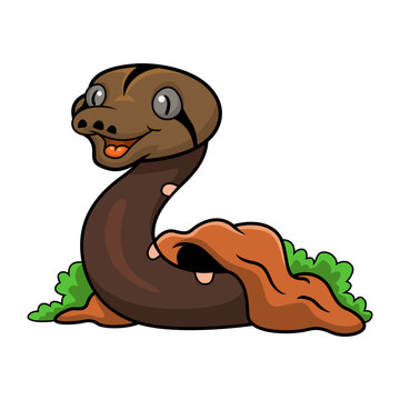 Cute golden child phantom reticulatus python cartoon out from hole