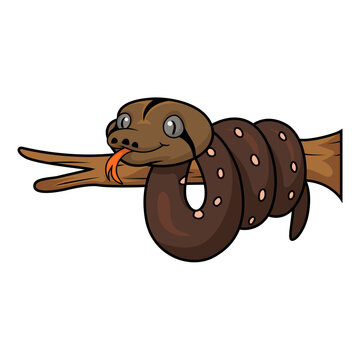 Cute golden child phantom reticulatus python cartoon on tree branch