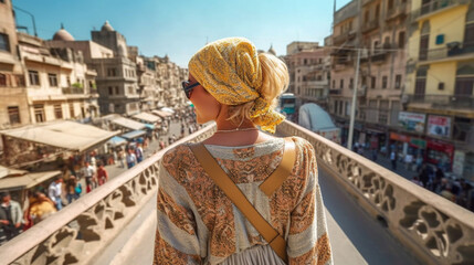 young adult woman, city view over a big city, headscarf and sunglasses, along a footbridge with many tourists and locals with local stores