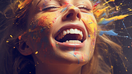 Having fun and being happy, a young woman is overjoyed and exploding in colors, colorful happiness and joy