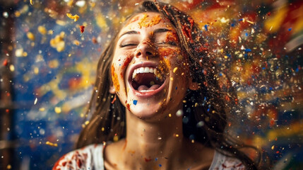 Having fun and being happy, a young woman is overjoyed and exploding in colors, colorful happiness and joy - obrazy, fototapety, plakaty