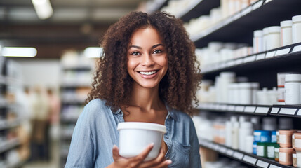 young adult woman shopping in a bright supermarket with full shelves of products