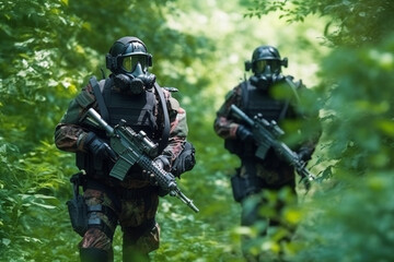 Fototapeta premium Soldiers, troop during a mission wearing NBC protective suit epidemic protection suit
