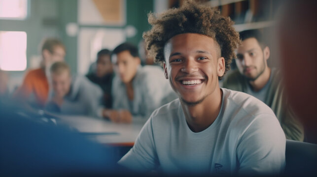 young adult multiracial multiethnic man in a group study room or classroom, smiling joy