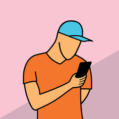 Man in cap using mobile phone cartoon vector illustration colorful background