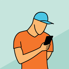 Man in cap using mobile phone cartoon vector illustration colorful background