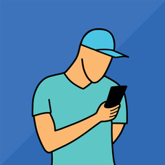 Man in cap using mobile phone cartoon vector illustration colorful background
