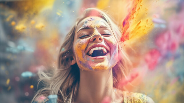Having fun and being happy, a young woman is overjoyed and exploding in colors, colorful happiness and joy
