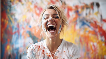Having fun and being happy, a young woman is overjoyed and exploding in colors, colorful happiness and joy
