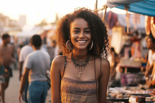 young adult female, local native or tourist, in local back street, smiling joyfully, at a stall or market, shopping. Generative AI