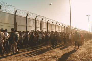abstract fictional people at a high fence, at a fictional border or border crossing, refugees or immigrants standing in an endless queue or row along the fence. - obrazy, fototapety, plakaty