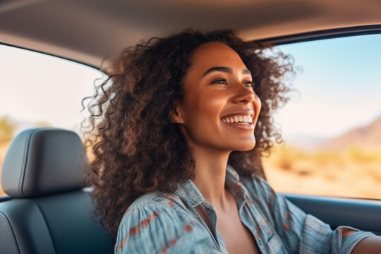 young adult woman drives a car, at the steering wheel, side view, joyful happy. Generative AI