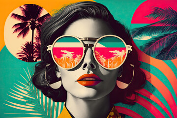Obraz premium Retro style pastel colors summer background. Fashion woman wearing big sunglasses. Generative AI