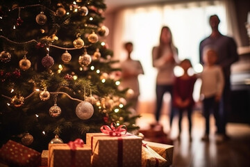 christmas tree and christmas gifts, family at home in the living room