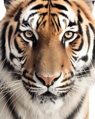 Majestic Siberian Tiger Close-up: Intense Gaze Isolated on a White Background, Asian Wildlife