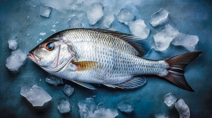 top down view of raw sea bream fish dorado in ice. space for text. generative AI