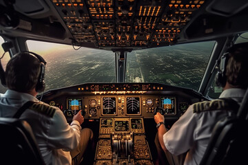 cockpit of a passenger plane airplane interior, pilot seat pilot windshield during flight in the sky above the clouds - obrazy, fototapety, plakaty