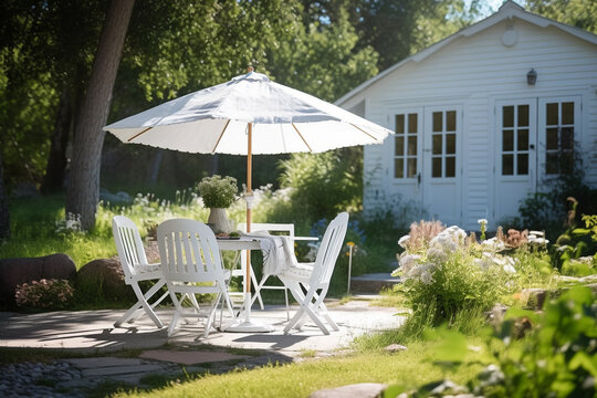 in the garden at the house a table and chairs with a parasol in summer or spring. Generative AI