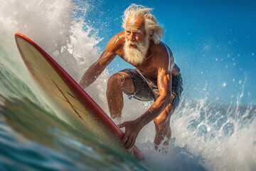old man on surfboard, surfing waves, sporty retired retired old man, water sports, active lifestyle and body conscious fitness. Generative AI