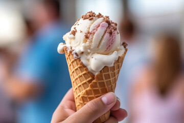 female hand of adult woman holding ice cream cone in hand, in city on summer day with more people in background