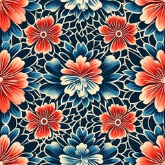 Naklejka premium Bold Blue and Red Flower Seamless Pattern with Rough Texture, Generative AI