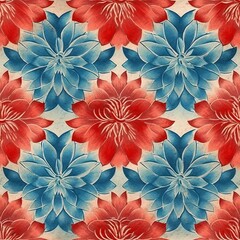 Fototapeta na wymiar Bold Blue and Red Flower Seamless Pattern with Rough Texture, Generative AI