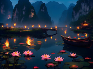 Fototapeta na wymiar Ninh Binh Landscape: Lotus-Filled Pond, Bamboo Flame Torches, and Boats