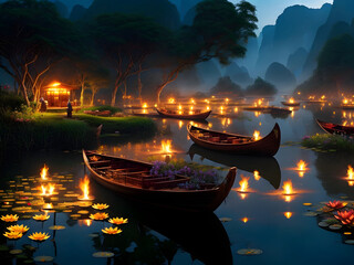 Obraz premium Ninh Binh Landscape: Lotus-Filled Pond, Bamboo Flame Torches, and Boats