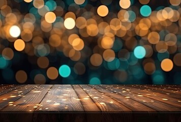 top of the wooden table on a bokeh luminous background, generative ai
