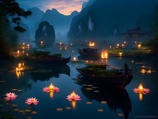 Ninh Binh Landscape: Lotus-Filled Pond, Bamboo Flame Torches, and Boats