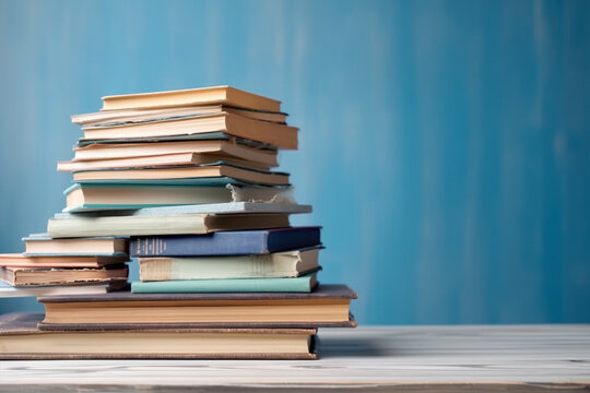 a stack of books on a shelf with a blue wall, school learn knowledge and education through book knowledge. Generative AI