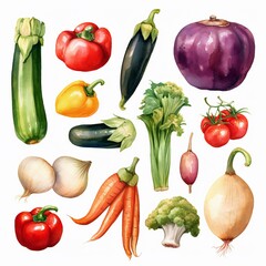 Colorful Veggie Palette: Watercolor Painting of Raw Vegetables Created with generative AI tools